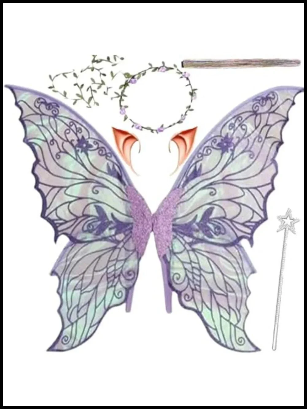 Fairy Wings Set with Floral Garland, Wand & Elf Ears, Cosplay Costume Accessory
